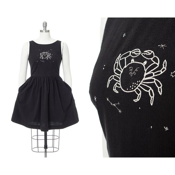 TUESDAY BASSEN 1950s Style Sundress Cancer Astrology Embroidered Black Dress - Picture 1 of 10